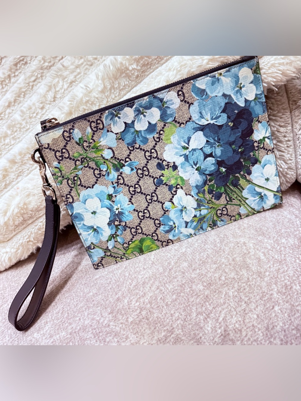 Gucci Blue Floral GG Canvas Wristlet Pouch